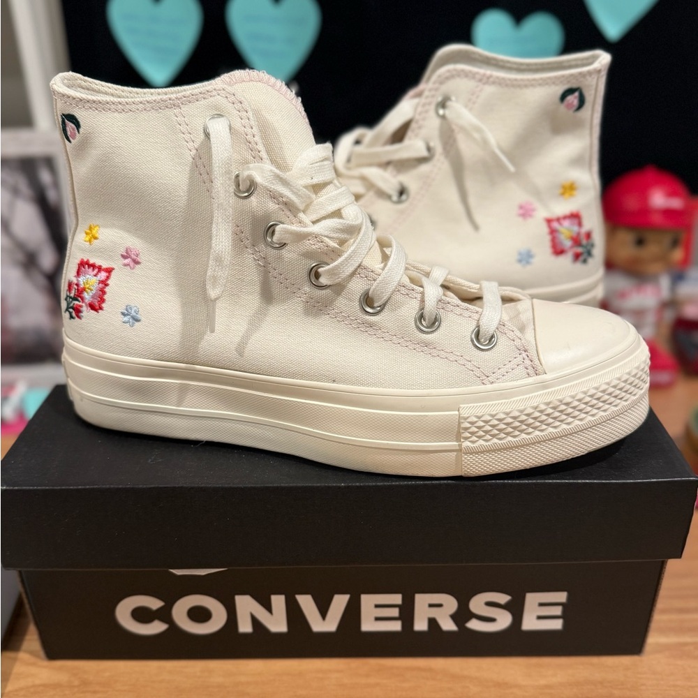 Converse Cream High-Tops with Floral Embroidery